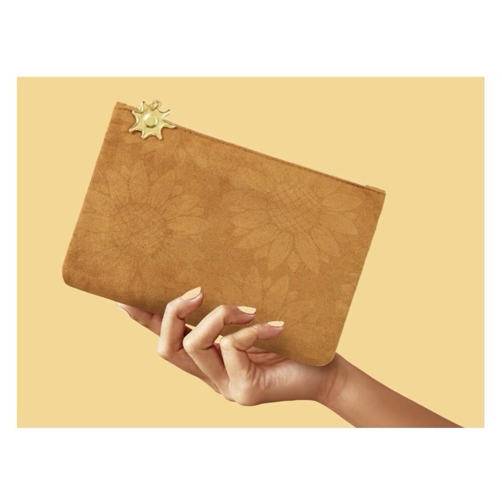 Faux Suede Sunflower Boho Zip Makeup Bag Case Travel Pouch Wallet Clutch NEW